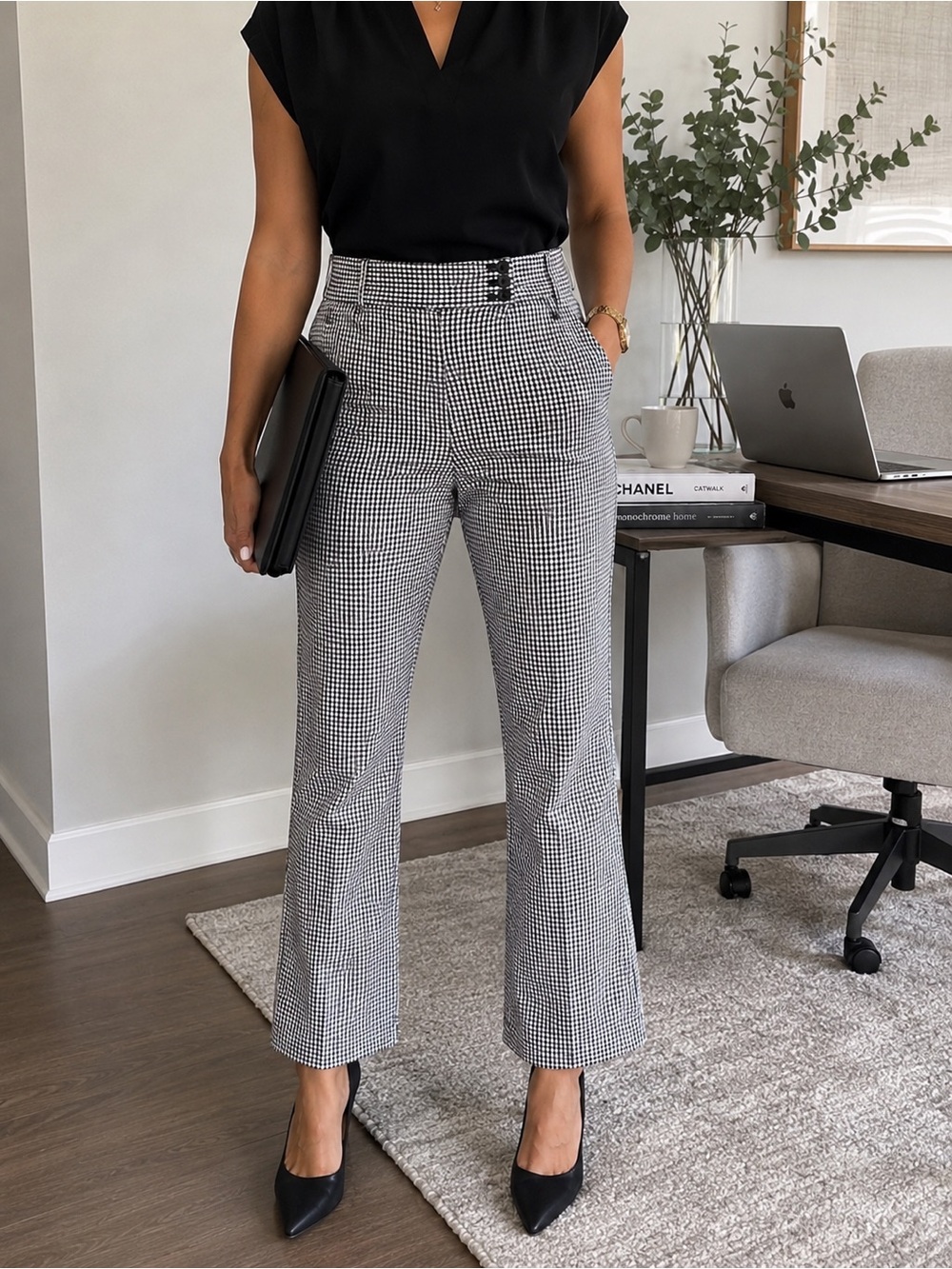 LOFT Black & White Houndstooth Wide-Leg Pants